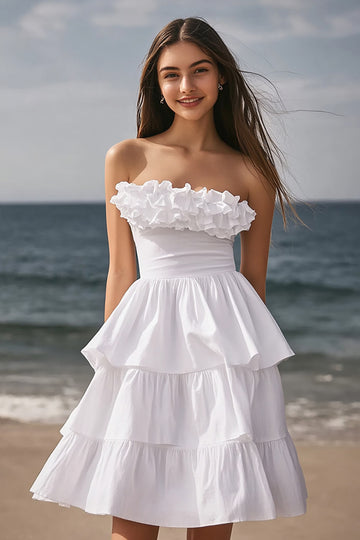 A Line Strapless Tiered Short Engagement Dress with Ruffles